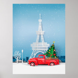 Paris Eiffel Tower Red Truck Christmas Poster