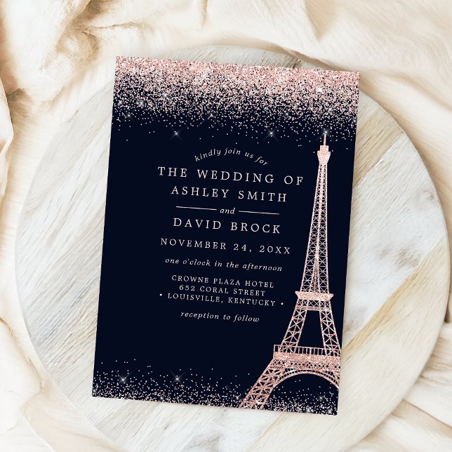 Paris Eiffel Tower Rose Gold Confetti Navy Wedding Invitation (Creator Uploaded)