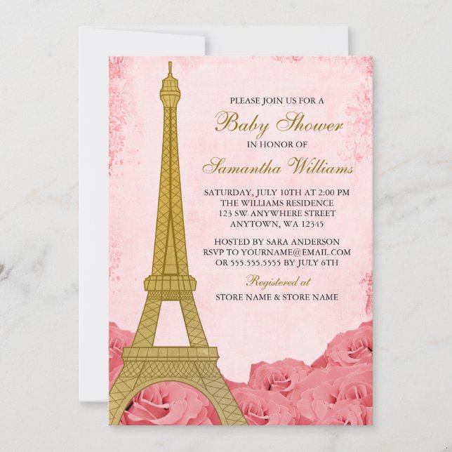 Paris Eiffel Tower Roses Pink Gold Baby Shower Invitation (Front)