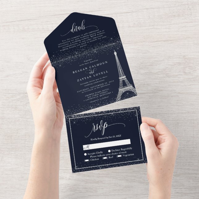 Paris Eiffel Tower Silver Glitter Sparkle Wedding All In One Invitation (Tearaway)