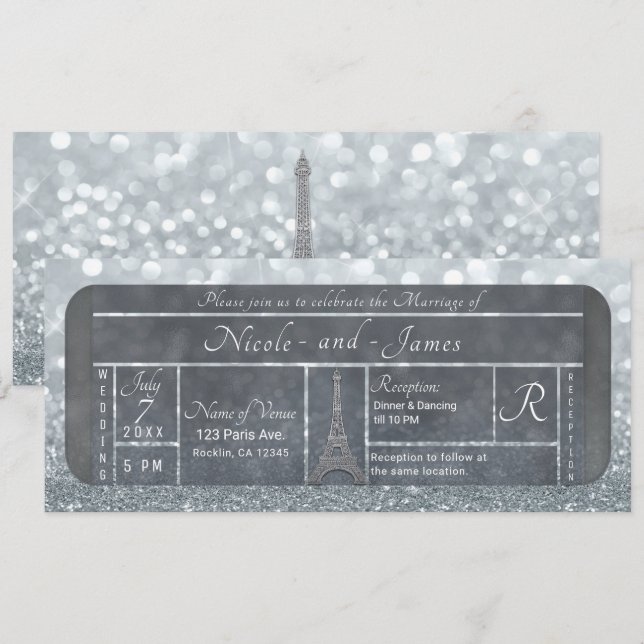 Paris Eiffel Tower Silver Glitter Ticket Wedding Invitation (Front/Back)