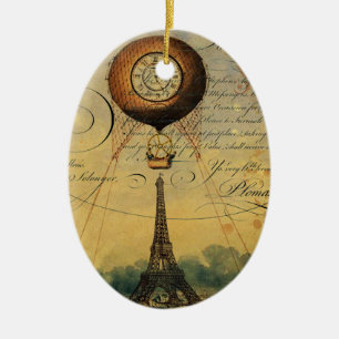 Paris Eiffel Tower Steampunk Hot Air Balloon Ceramic Ornament