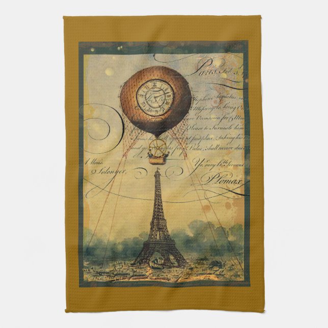 Paris Eiffel Tower Steampunk Hot Air Balloon Kitchen Towel (Vertical)