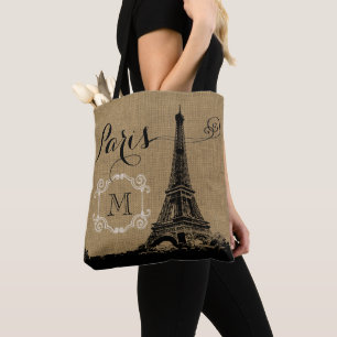 Paris Eiffel Tower Tan Burlap Monogram Tote Bag