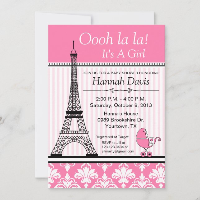 Paris Eiffel Tower Theme Baby Shower Pink Invitation (Front)