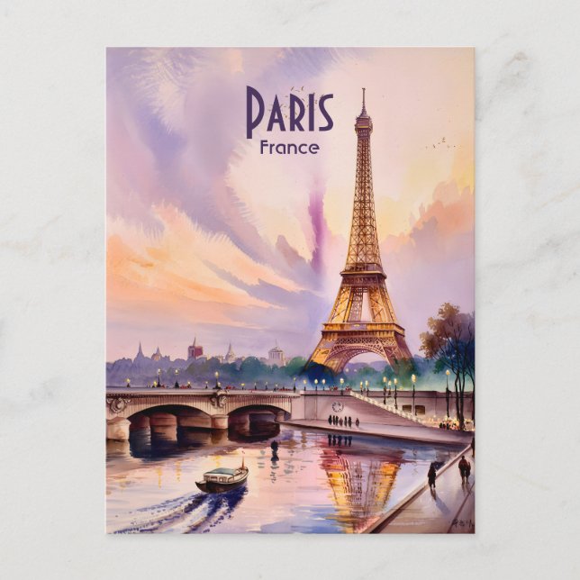 Paris Eiffel Tower Travel Watercolor Custom Text Postcard (Front)