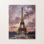 Paris Eiffel Tower Twilight Watercolor Custom Text Jigsaw Puzzle<br><div class="desc">A captivating watercolor painting of the Eiffel Tower in Paris, France, illuminated against a dramatic twilight sky. Soft lavender, rose, and golden tones blend with expressive clouds, creating a romantic and atmospheric Paris cityscape. The tower’s intricate iron latticework glows warmly as evening lights reflect on the quiet streets below, capturing...</div>