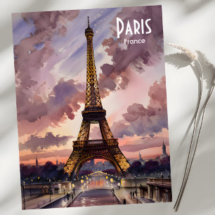 Paris Eiffel Tower Twilight Watercolor Custom Text Postcard
