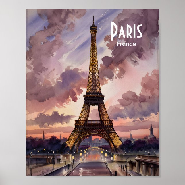 Paris Eiffel Tower Twilight Watercolor Custom Text Poster (Front)