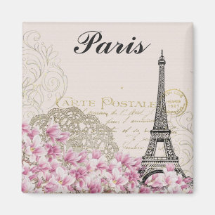 Paris Eiffel Tower Vintage Pink Flowers Magnet