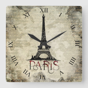 Paris, Eiffel Tower Vintage Script Square Wall Clock