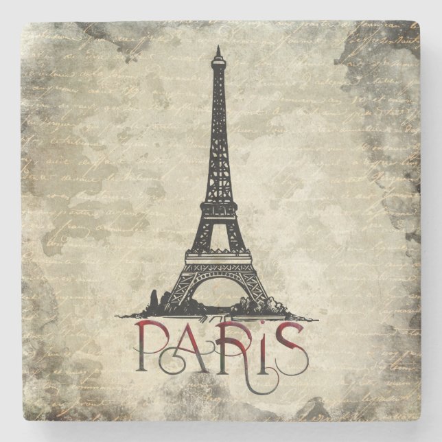 Paris, Eiffel Tower Vintage Script Stone Coaster (Front)