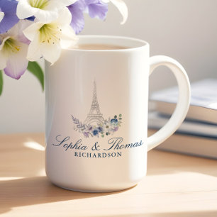 Paris Eiffel Tower Watercolor Floral Navy Wedding Coffee Mug