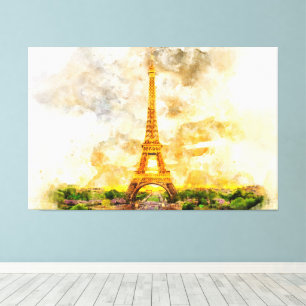 Paris Eiffel Tower Watercolor – Sunset #01  Canvas Print