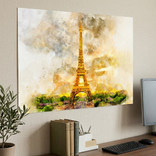 Paris Eiffel Tower Watercolor – Sunset #01  Poster