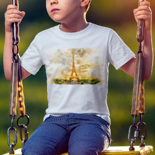 Paris Eiffel Tower Watercolor – Sunset #01  T-Shirt