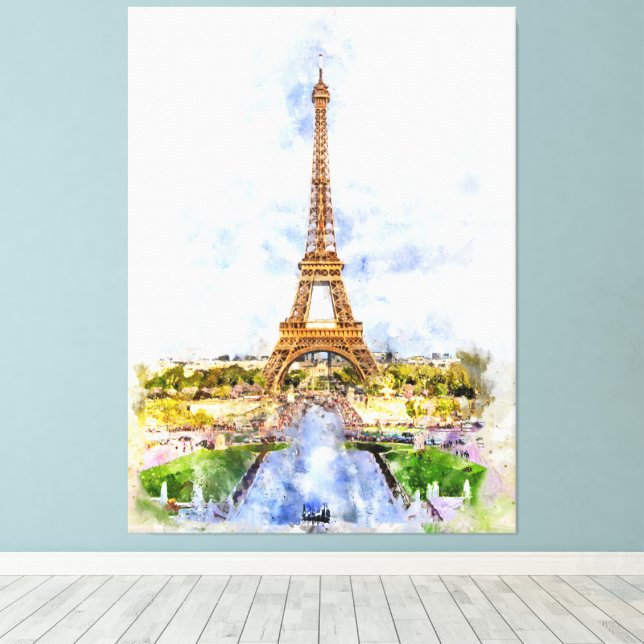 Paris Eiffel Tower Watercolor – Sunset #02  Canvas Print (Insitu(Wood Floor))