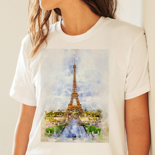 Paris Eiffel Tower Watercolor – Sunset #02  T-Shirt