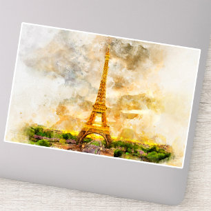 Paris Eiffel Tower Watercolor Sunset Art Print