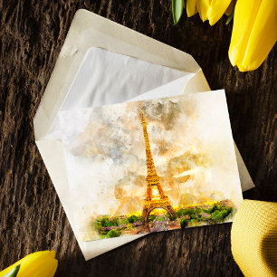 Paris Eiffel Tower Watercolor Sunset Art Print Postcard