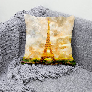 Paris Eiffel Tower Watercolor Sunset Art Print Throw Pillow