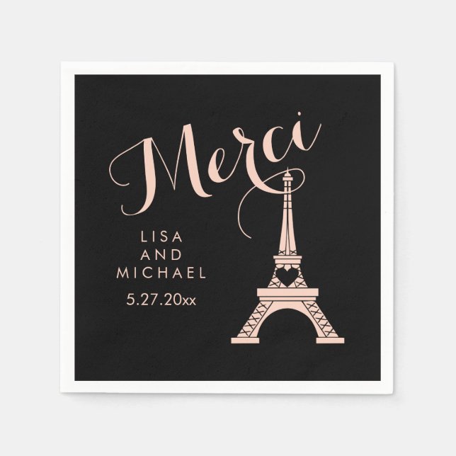 Paris Eiffel Tower Wedding Black and Pink Merci Napkin (Front)