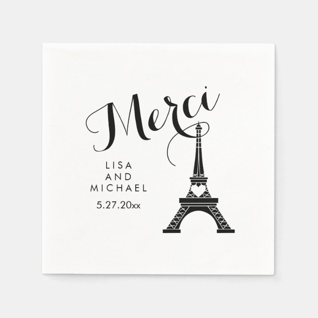 Paris Eiffel Tower Wedding Black and White Merci Napkin (Front)