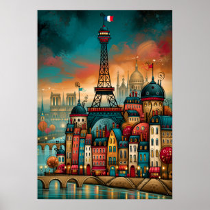Paris Eiffel Tower Whimsical Cityscape Poster
