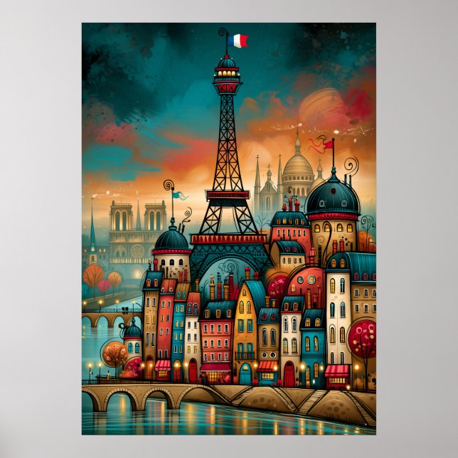 Paris Eiffel Tower Whimsical Cityscape Poster (Front)