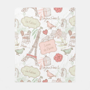 Paris Eiffel Tower Whimsical Pink Fleece Blanket