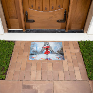 Paris Eiffel Tower Winter Romance Red Umbrella  Doormat