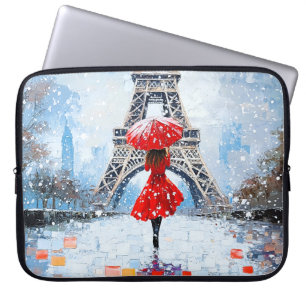 Paris Eiffel Tower Winter Romance Red Umbrella Laptop Sleeve