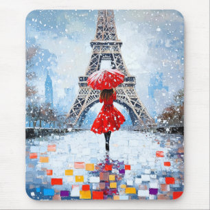 Paris Eiffel Tower Winter Romance Red Umbrella Mouse Pad