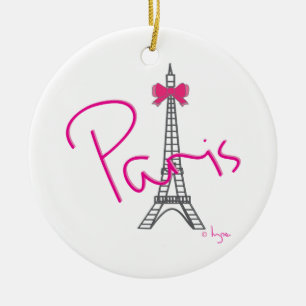 Paris Eiffel Tower with pink bow Ceramic Ornament