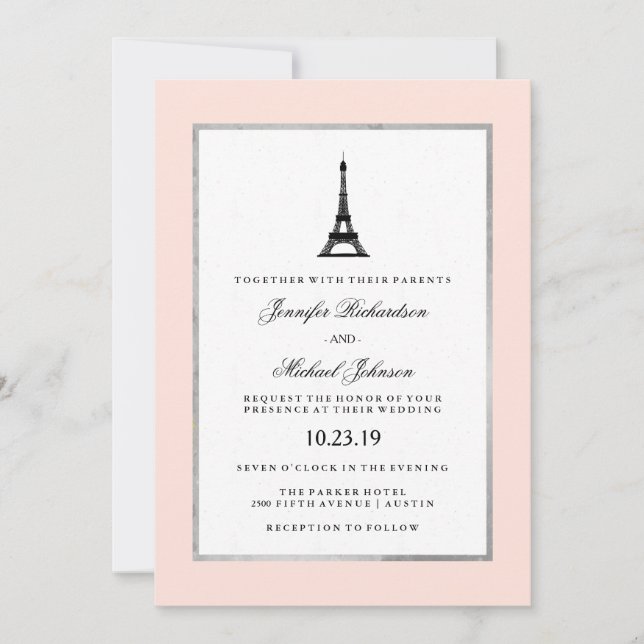 Paris Elegance Blush Pink Silver and Black Wedding Invitation (Front)