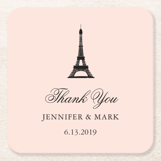 Paris Elegance Blush Pink Wedding Thank You Square Paper Coaster (Front)