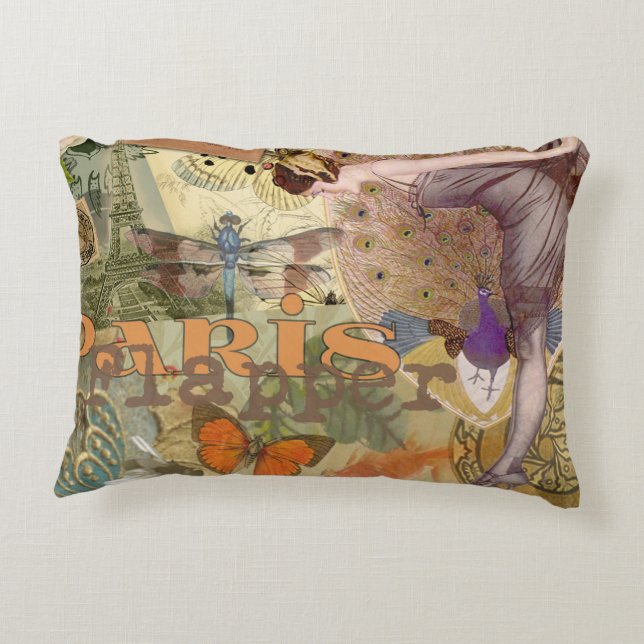Paris Flapper Art Deco Peacock Vintage Accent Pillow (Back)