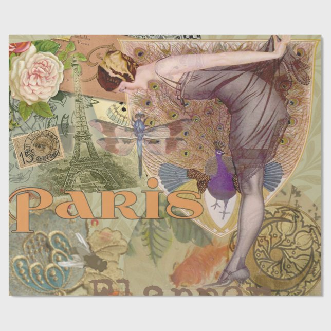 Paris Flapper Art Deco Peacock Vintage Wrapping Paper (Flat)