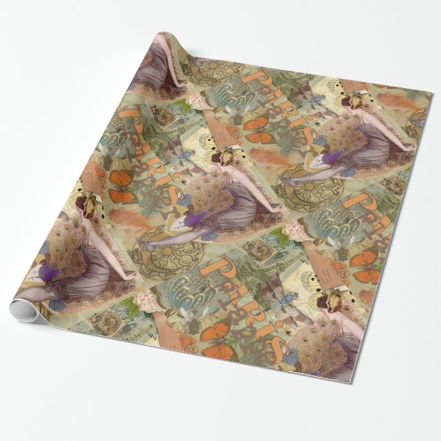 Paris Flapper Art Deco Peacock Vintage Wrapping Paper (Unrolled)