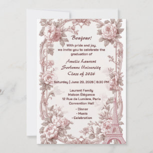Paris Floral Elegant Pink Eiffel Tower Graduation  Invitation
