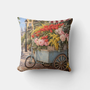 Paris Flower Cart Tulips Peonies Throw Pillow