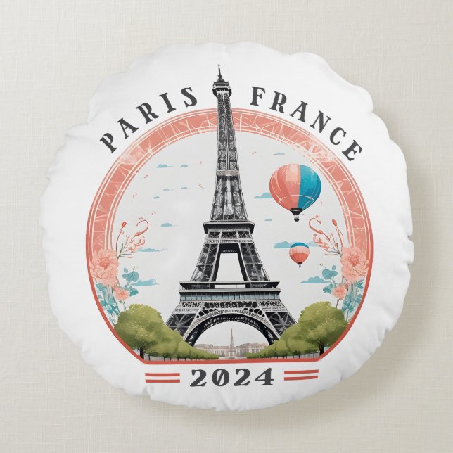 Paris France 2024 Lumbar Pillows, Eiffel Tower Round Pillow (Front)