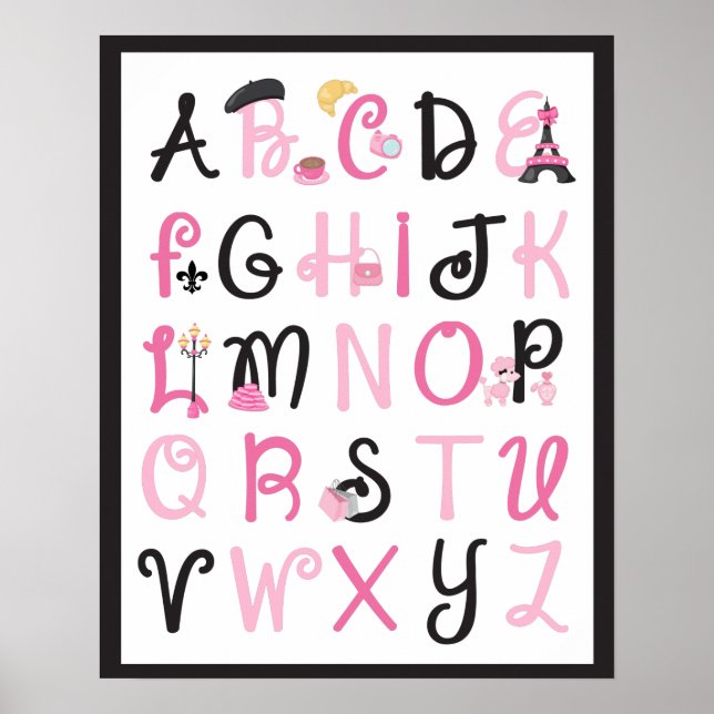 Paris France Alphabet A to Z on Black Poster (Front)