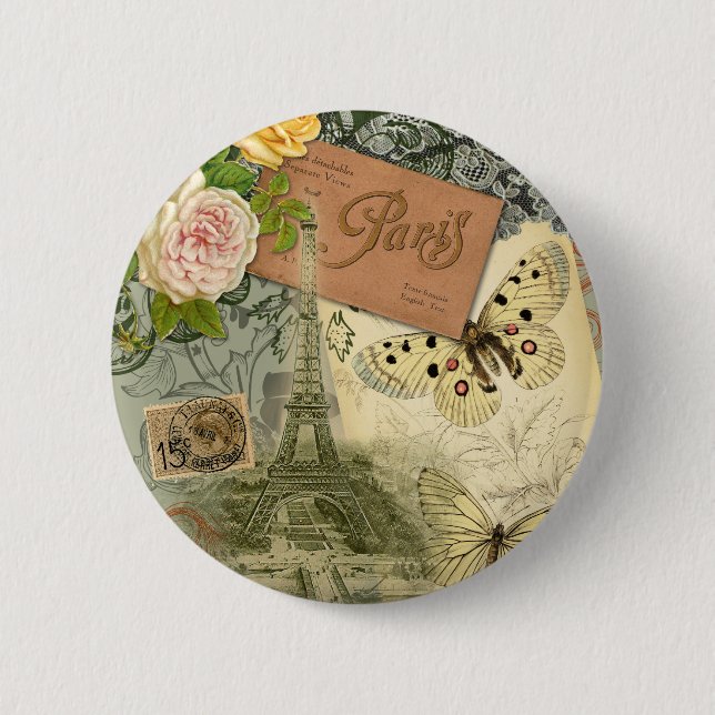 Paris France Antique Artwork Collage Eiffel French 2 Inch Round Button (Front)
