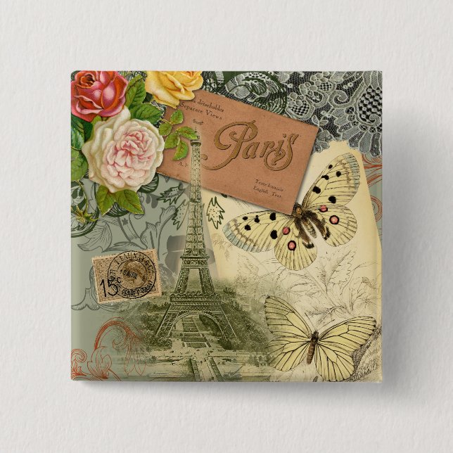 Paris France Antique Artwork Collage Eiffel French 2 Inch Square Button (Front)