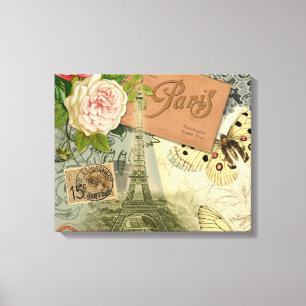 Paris France Antique Artwork Collage Eiffel French Canvas Print