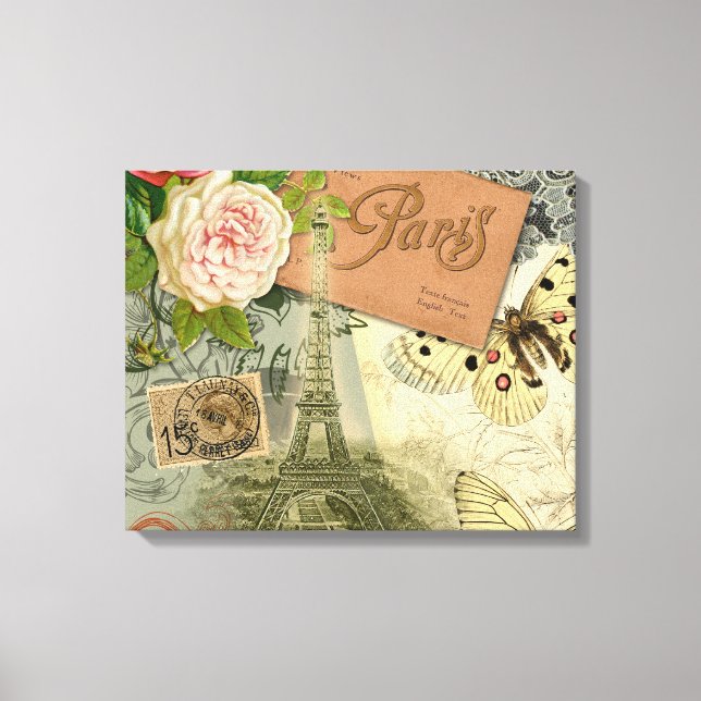 Paris France Antique Artwork Collage Eiffel French Canvas Print (Front)