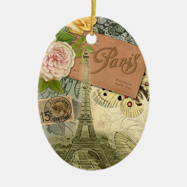 Paris France Antique Artwork Collage Eiffel French Ceramic Ornament (Front)
