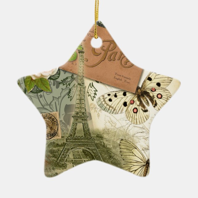 Paris France Antique Artwork Collage Eiffel French Ceramic Ornament (Front)