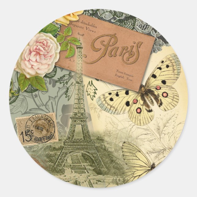 Paris France Antique Artwork Collage Eiffel French Classic Round Sticker (Front)